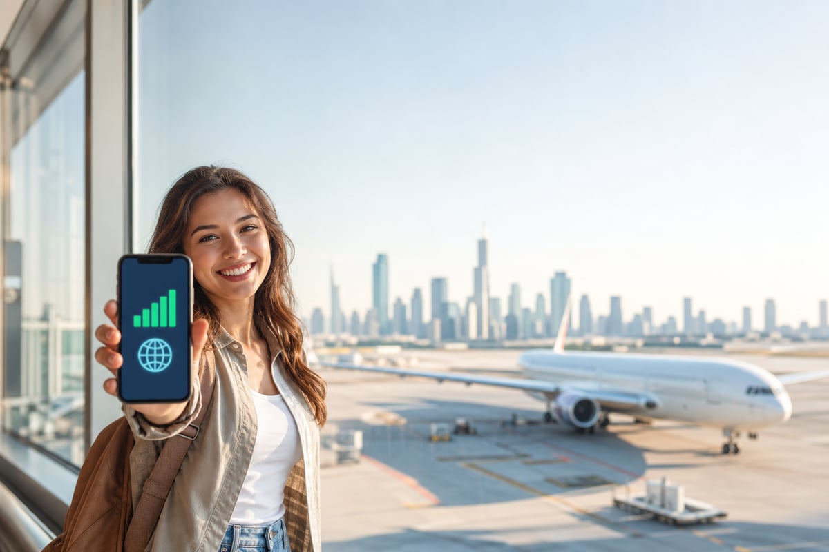 A traveller at an airport window holding a phone that shows a strong mobile-data signal and a globe.