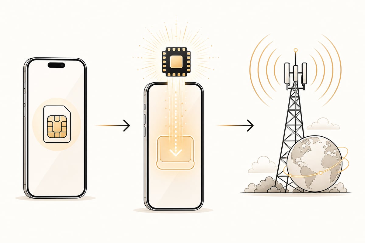 Three steps showing how an eSIM works: a phone, a downloading digital SIM chip, and a cell tower beside a globe.