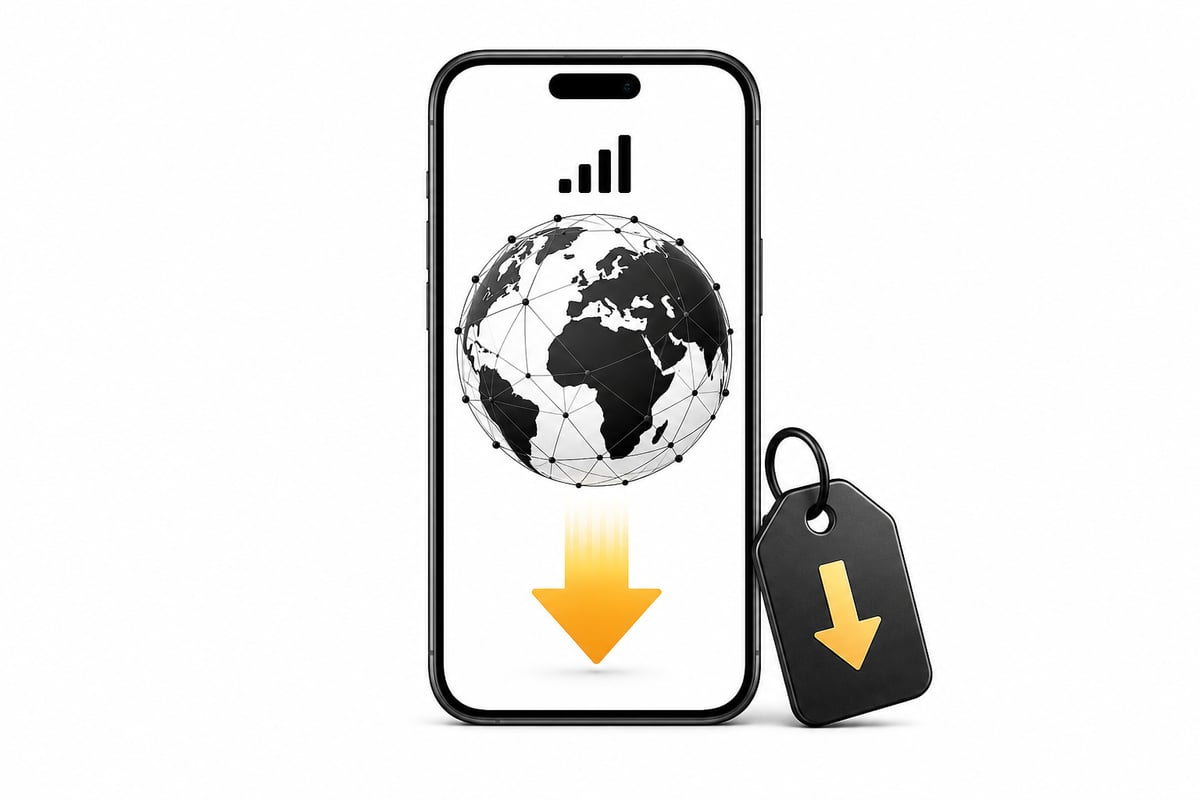 A phone showing a connected globe and a mobile-data signal with a downward arrow indicating low prices.