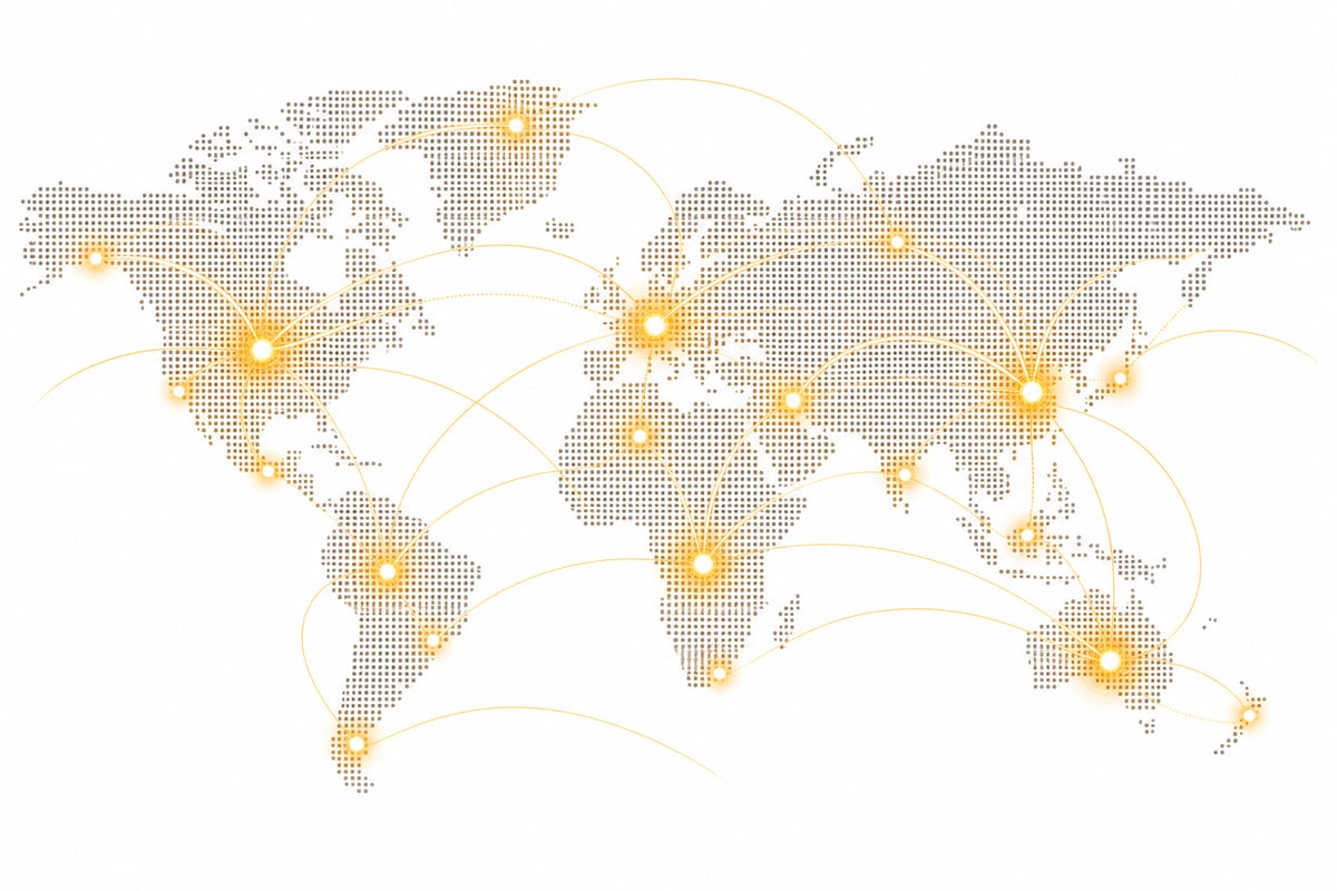 A dotted world map with glowing nodes connected across continents, representing worldwide mobile coverage.